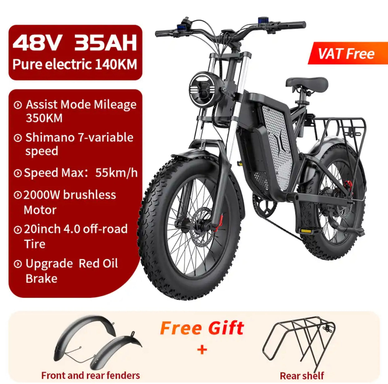 EKXBike X20 Electric Bike Mountain Moped Ebike 20 Inch Fat Tire 2000W 48V 35AH Men's Road EBike Electric Bicycle For Adults E Bikes