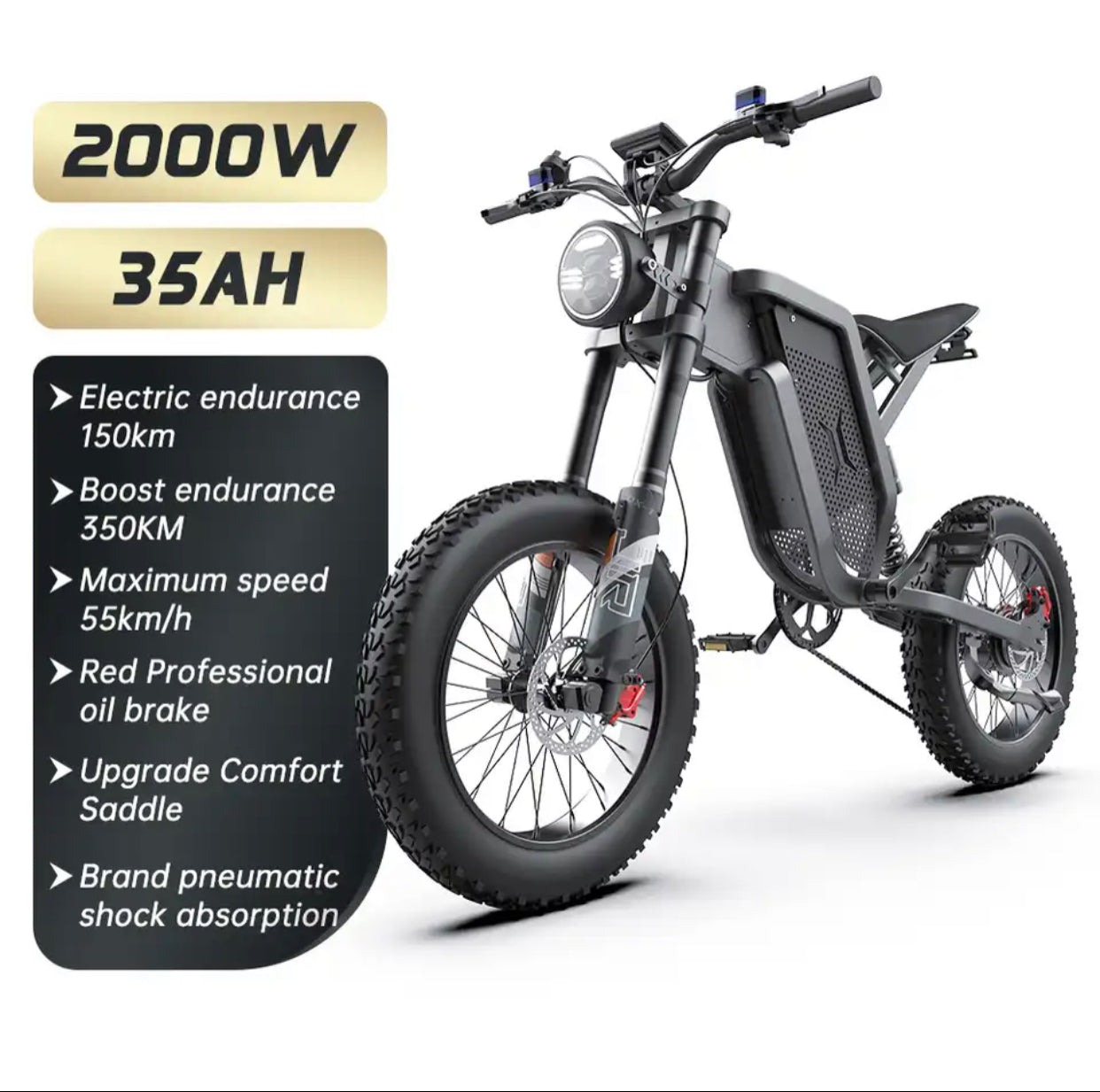 EKXBike X21 Adults Electric Bike 2000W 48V35AH 55km/h Samsung Battery Snow Electric Motorcycles 20“*4.0 Off Road Tyre Mountain Ebike